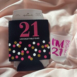 Hallmark 21st Birthday Can Cooler and Shot Glass Gift Set - Black and Pink